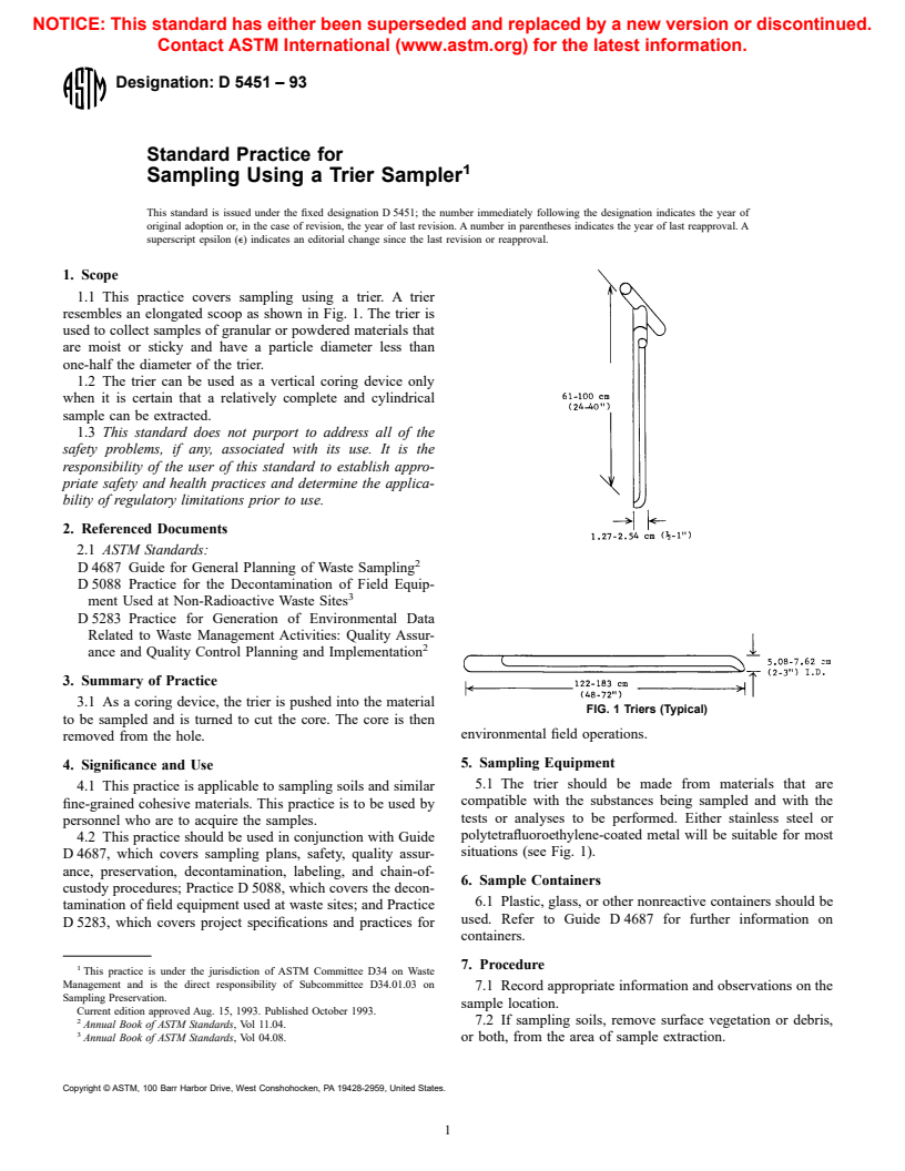 ASTM D5451-93 - Standard Practice for Sampling Using a Trier Sampler