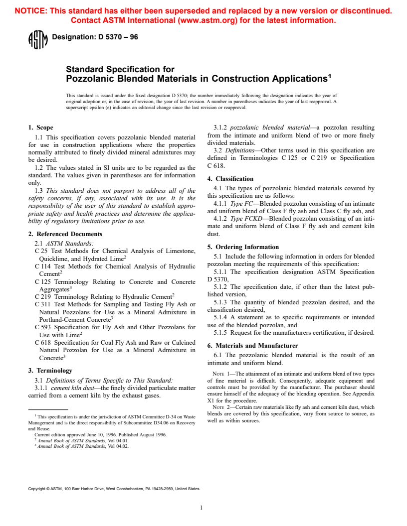 ASTM D5370-96 - Standard Specification for Pozzolanic Blended Materials in Construction Applications