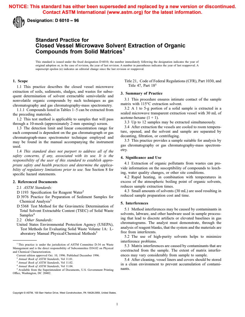 ASTM D6010-96 - Standard Practice for Closed Vessel Microwave Solvent Extraction of Organic Compounds from Solid Matrices