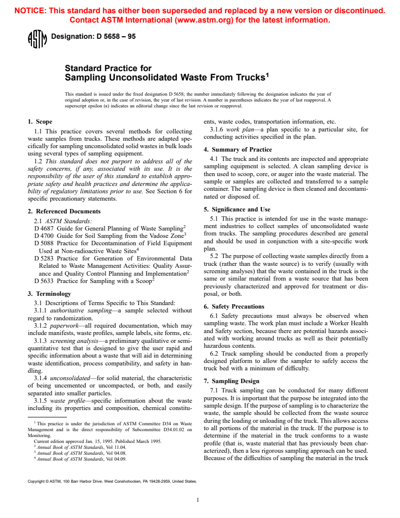 ASTM D5658-95 - Standard Practice for Sampling Unconsolidated Waste From Trucks