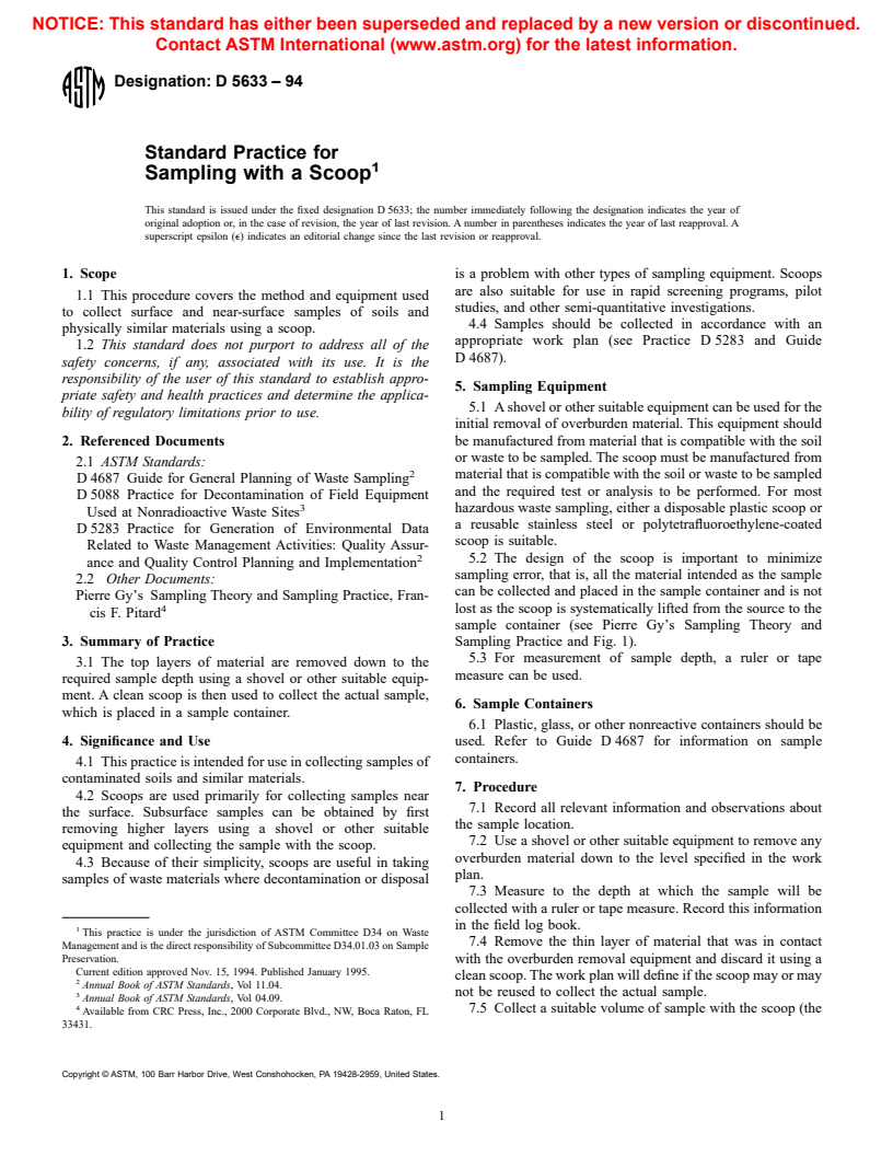 ASTM D5633-94 - Standard Practice for Sampling with a Scoop