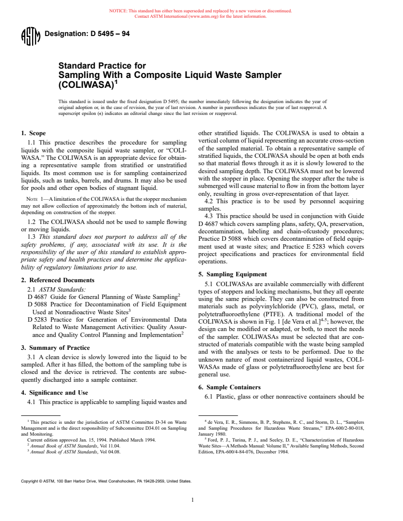 ASTM D5495-94 - Standard Practice for Sampling With a Composite Liquid Waste Sampler (COLIWASA)