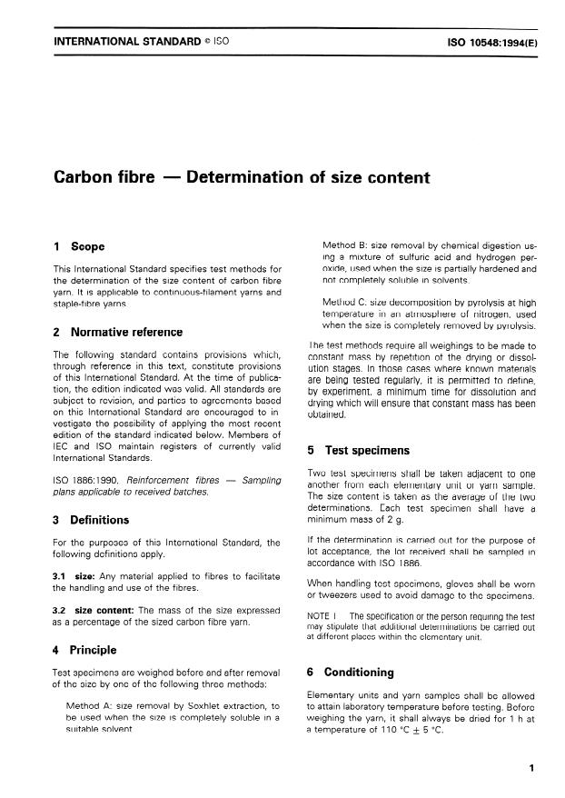 ISO 10548:1994 - Carbon fibre -- Determination of size content