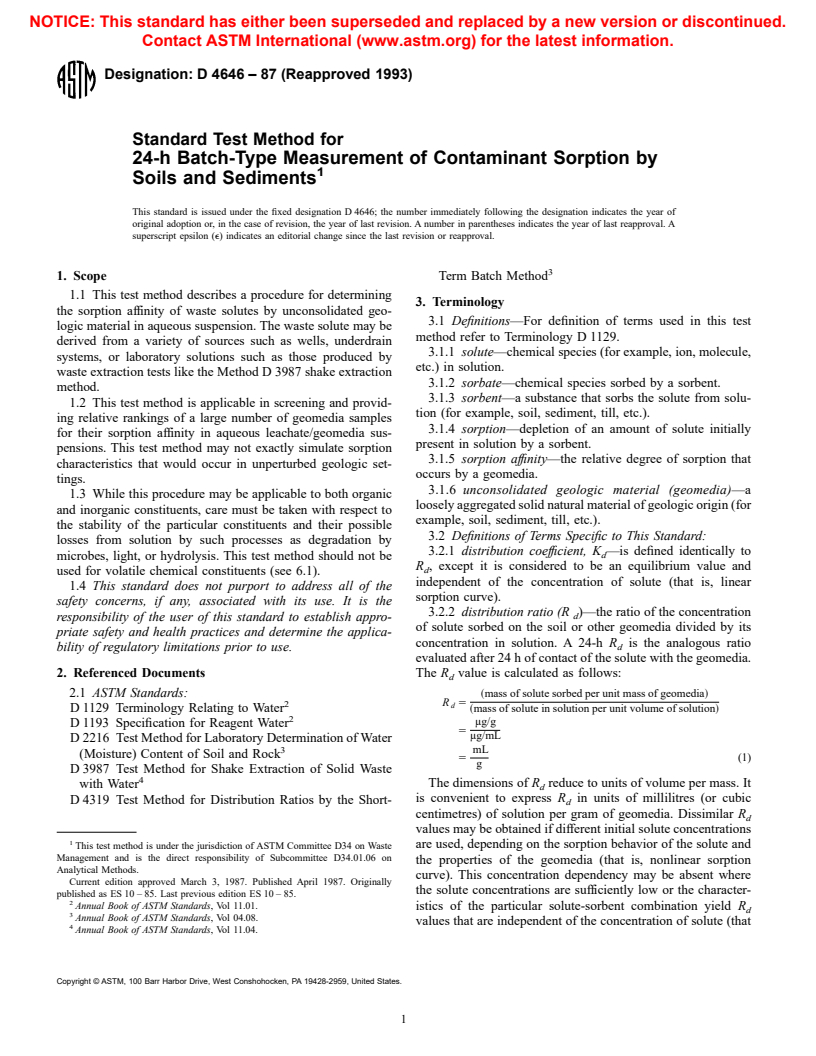 ASTM D4646-87(1993) - Standard Test Method for 24-h Batch-Type Measurement of Contaminant Sorption by Soils and Sediments