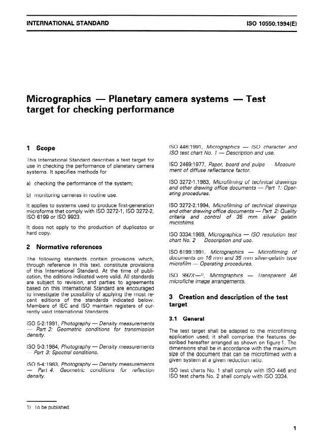 ISO 10550:1994 - Micrographics -- Planetary camera systems -- Test target for checking performance