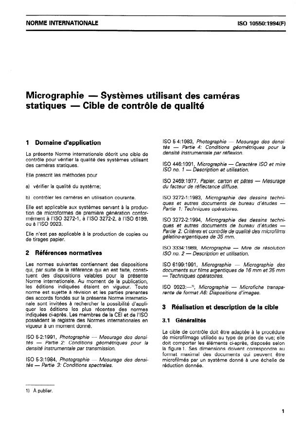 ISO 10550:1994 - Micrographie -- Systemes utilisant des caméras statiques -- Cible de contrôle de qualité