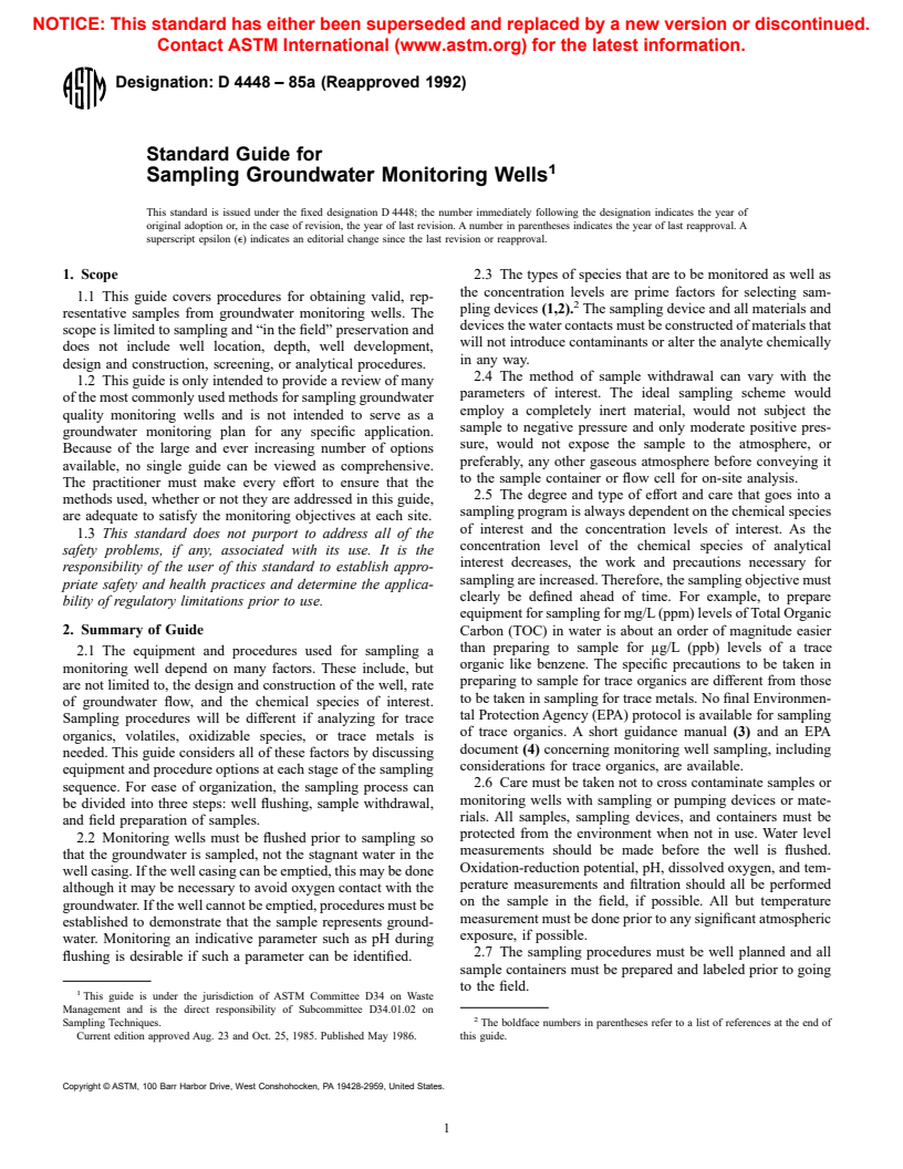 ASTM D4448-85a(1992) - Standard Guide for Sampling Ground-Water Monitoring Wells