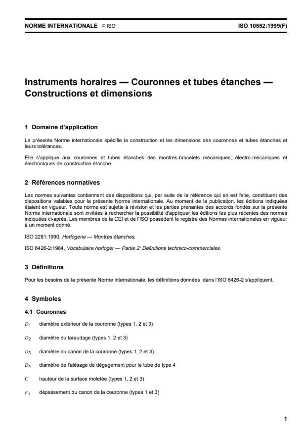 ISO 10552:1999 - Instruments horaires -- Couronnes et tubes étanches -- Constructions et dimensions