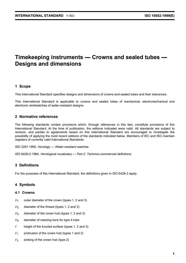 ISO 10552:1999 - Timekeeping instruments -- Crowns and sealed tubes -- Designs and dimensions