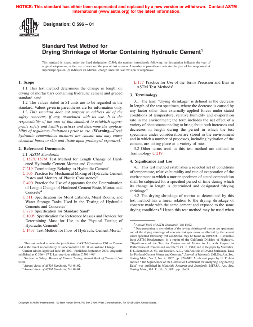 ASTM C596-01 - Standard Test Method for Drying Shrinkage of Mortar Containing Hydraulic Cement