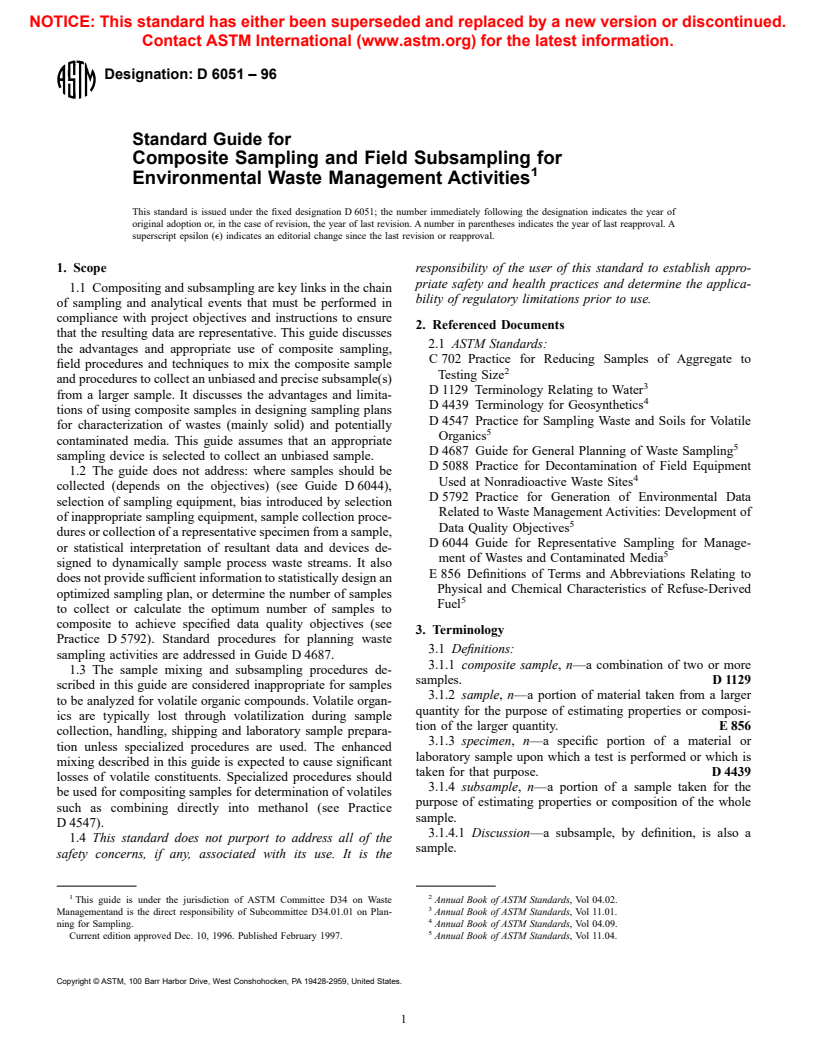 ASTM D6051-96 - Standard Guide for Composite Sampling and Field Subsampling for Environmental Waste Management Activities