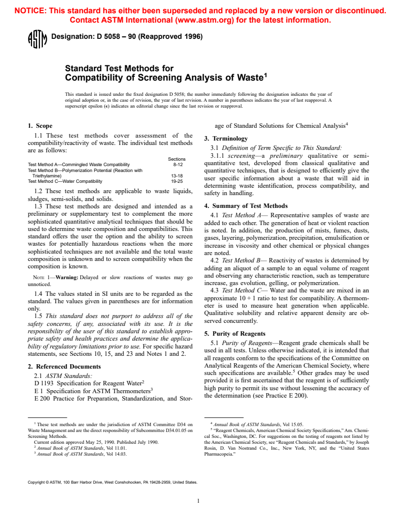 ASTM D5058-90(1996) - Standard Test Methods for Compatibility of Screening Analysis of Waste