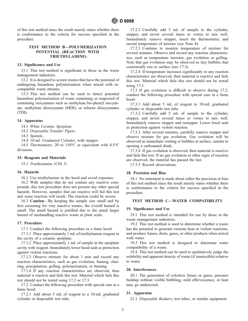 ASTM D5058-90(1996) - Standard Test Methods for Compatibility of Screening Analysis of Waste