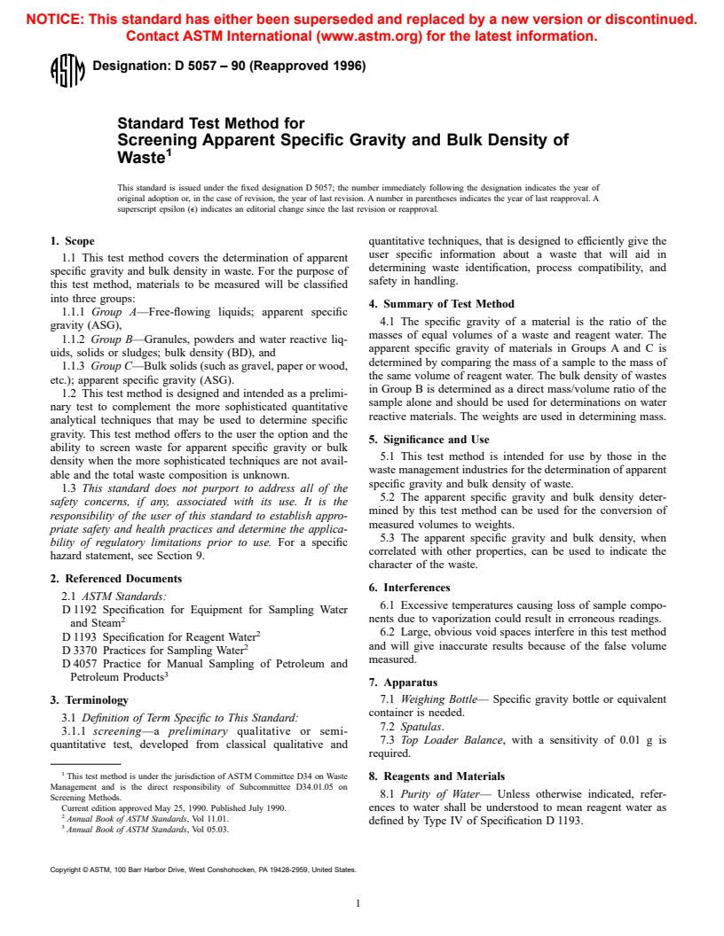 ASTM D5057-90(1996) - Standard Test Method for Screening Apparent Specific Gravity and Bulk Density of Waste