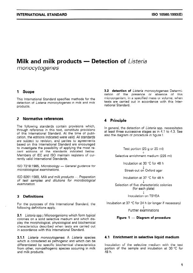 ISO 10560:1993 - Milk and milk products -- Detection of Listeria monocytogenes