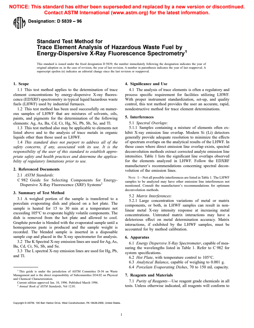 ASTM D5839-96 - Standard Test Method for Trace Element Analysis of Hazardous Waste Fuel by Energy-Dispersive X-Ray Fluorescence Spectrometry