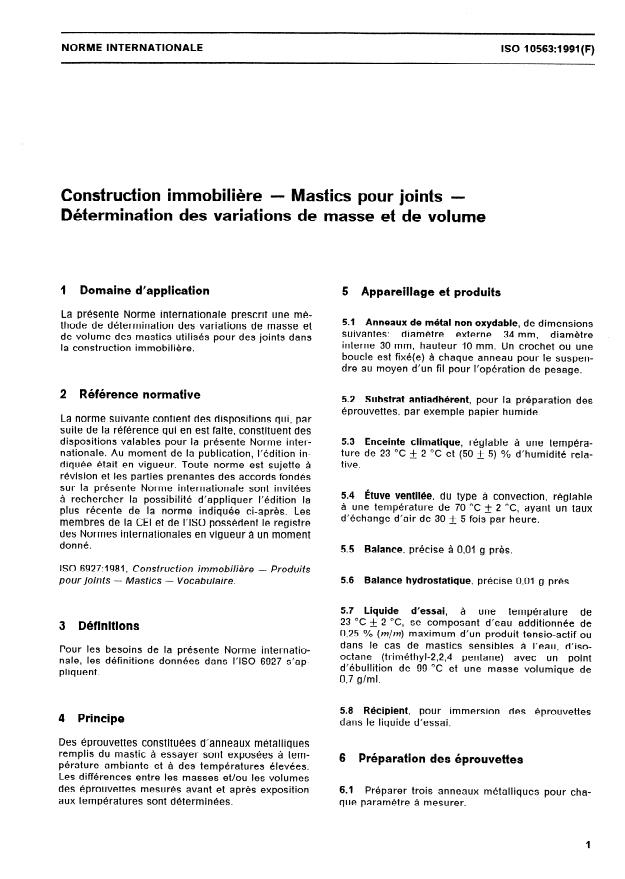 ISO 10563:1991 - Construction immobiliere -- Mastics pour joints -- Détermination des variations de masse et de volume