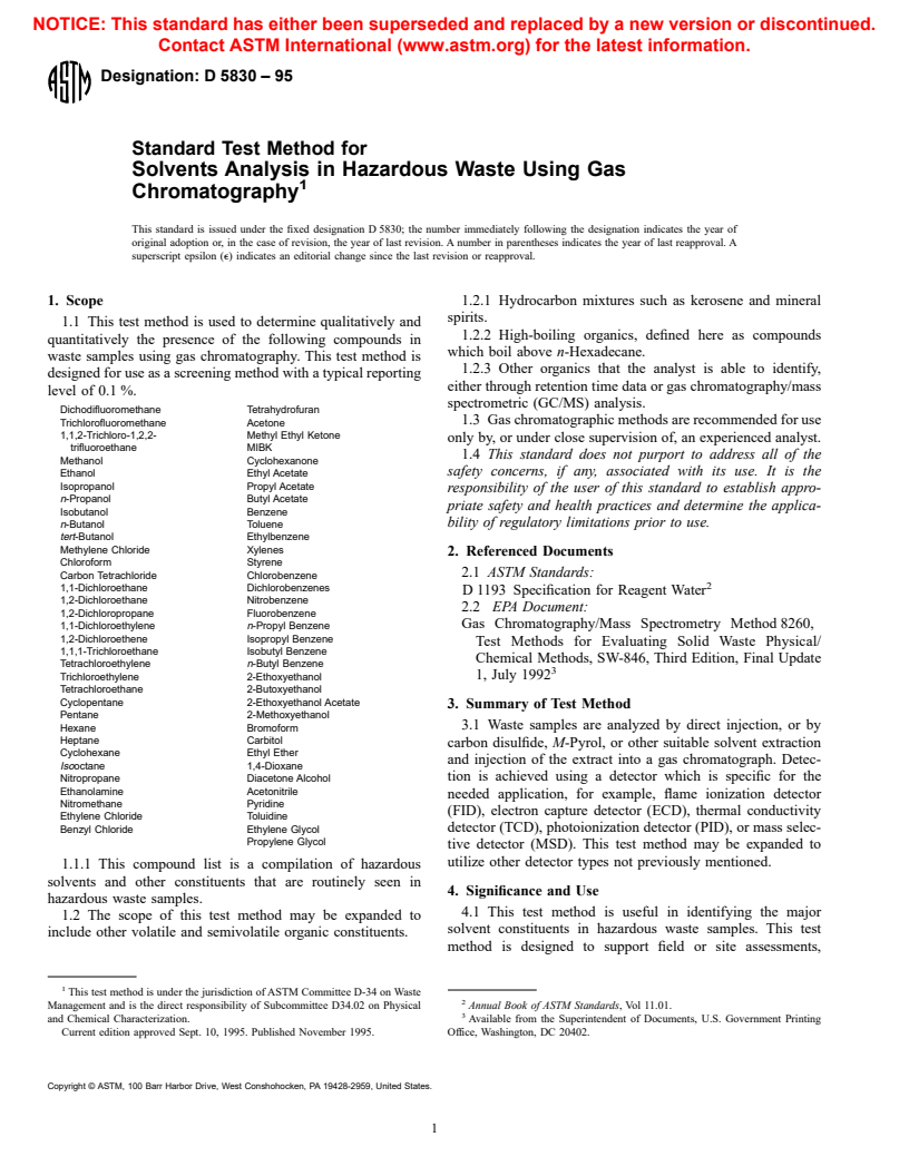 ASTM D5830-95 - Standard Test Method for Solvents Analysis in Hazardous Waste Using Gas Chromatography