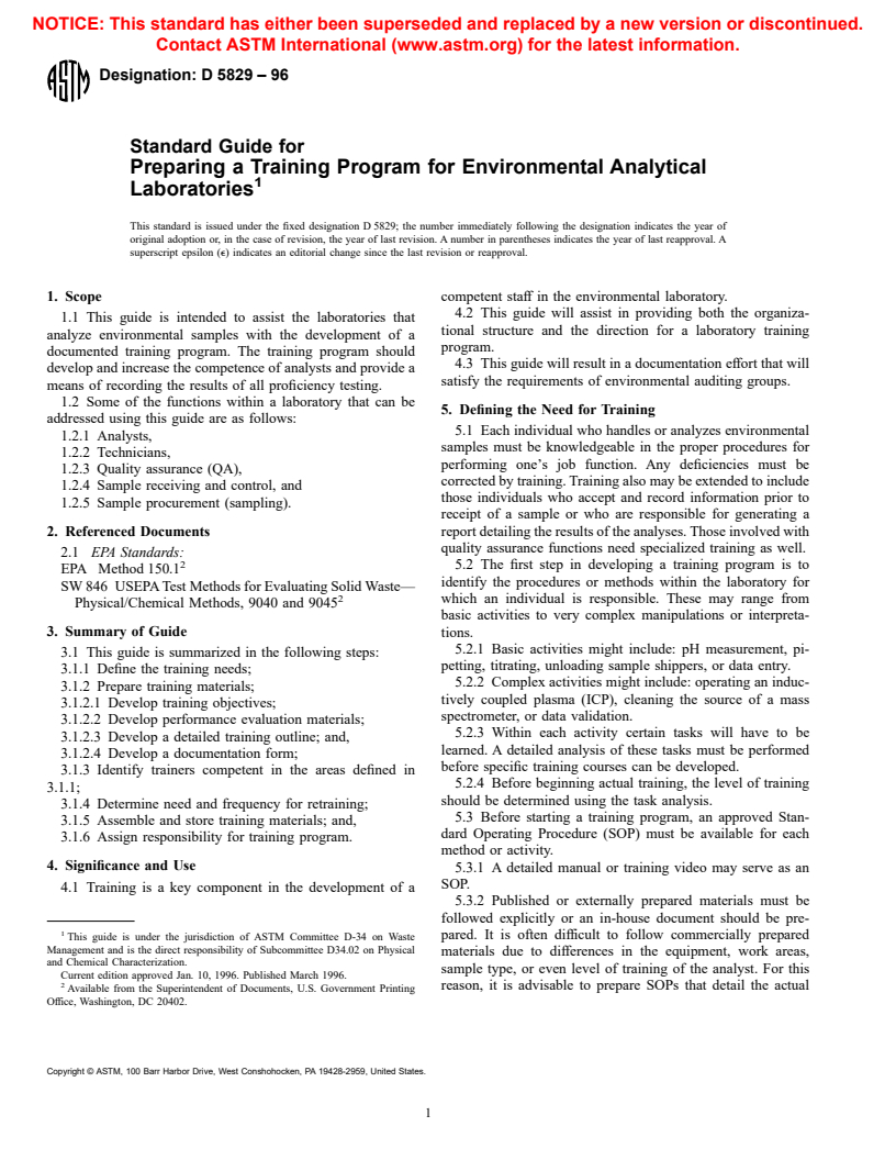 ASTM D5829-96 - Standard Guide for Preparing a Training Program for Environmental Analytical Laboratories