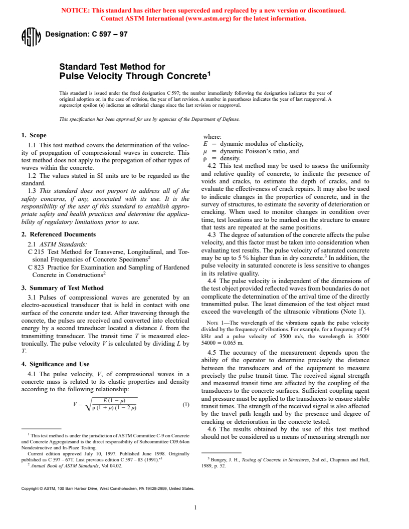 ASTM C597-97 - Standard Test Method for Pulse Velocity Through Concrete