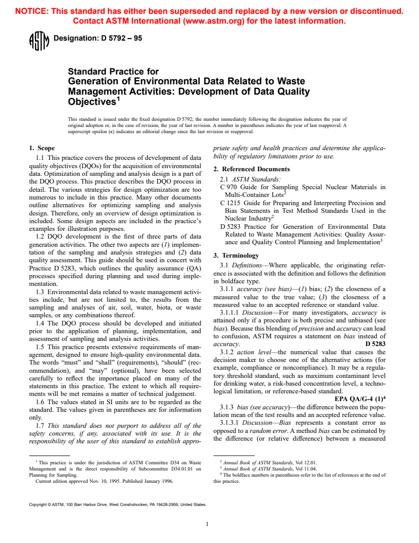 ASTM D5792-95 - Standard Practice for Generation of Environmental Data Related to Waste Management Activities:  Development of Data Quality Objectives