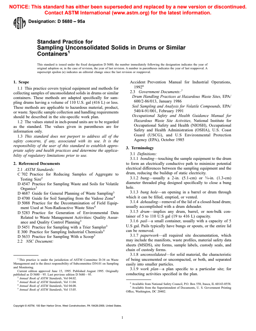 ASTM D5680-95a - Standard Practice for Sampling Unconsolidated Solids in Drums or Similar Containers