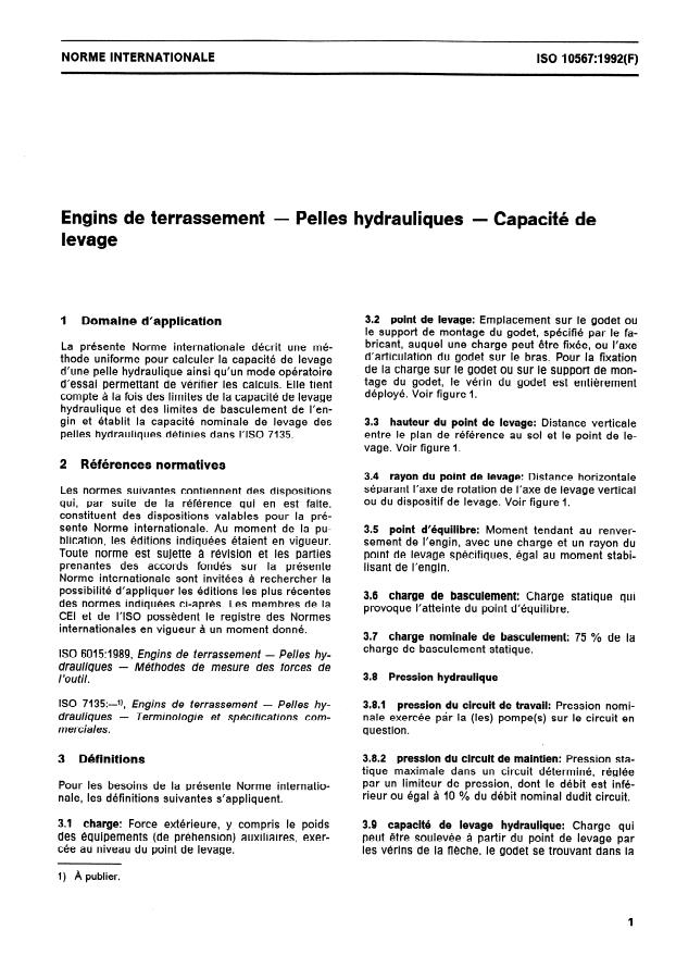 ISO 10567:1992 - Engins de terrassement -- Pelles hydrauliques -- Capacité de levage