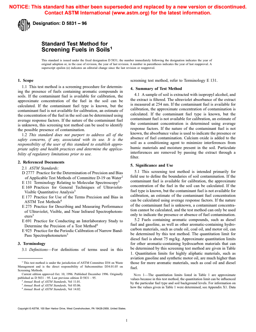 ASTM D5831-96 - Standard Test Method for Screening Fuels in Soils