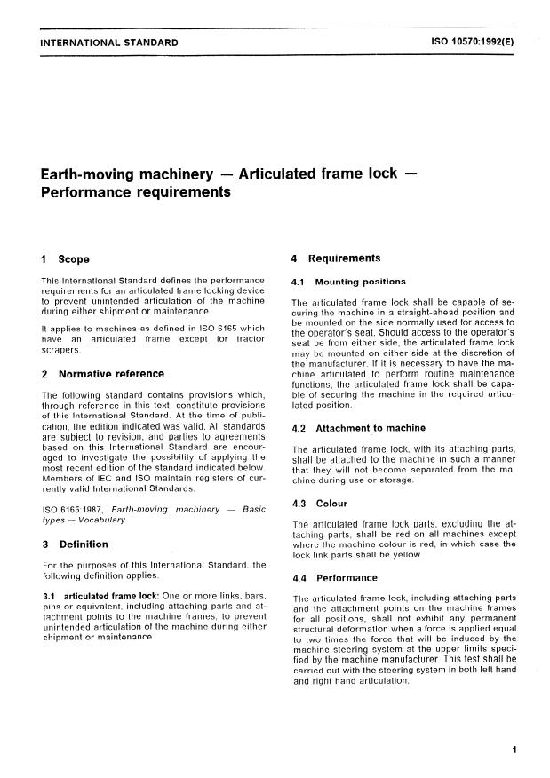 ISO 10570:1992 - Earth-moving machinery -- Articulated frame lock -- Performance requirements