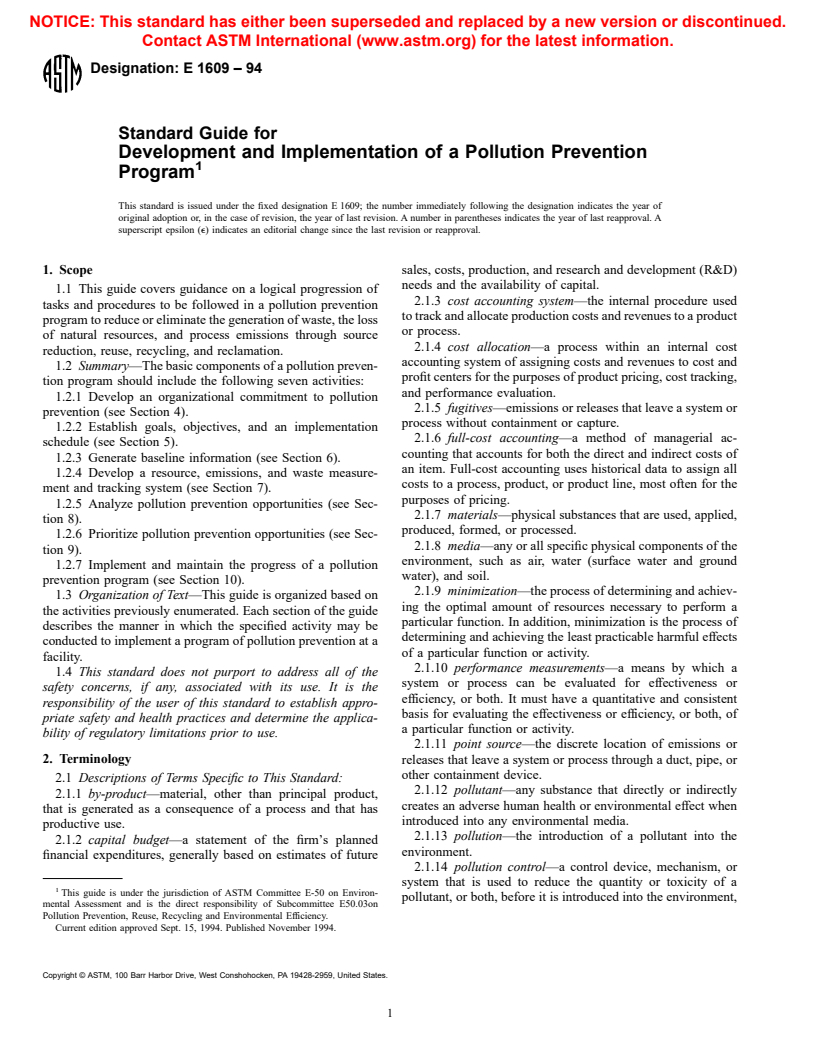 ASTM E1609-94 - Standard Guide for Development and Implementation of a Pollution Prevention Program