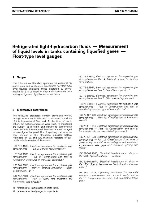 ISO 10574:1993 - Refrigerated light-hydrocarbon fluids -- Measurement of liquid levels in tanks containing liquefied gases -- Float-type level gauges