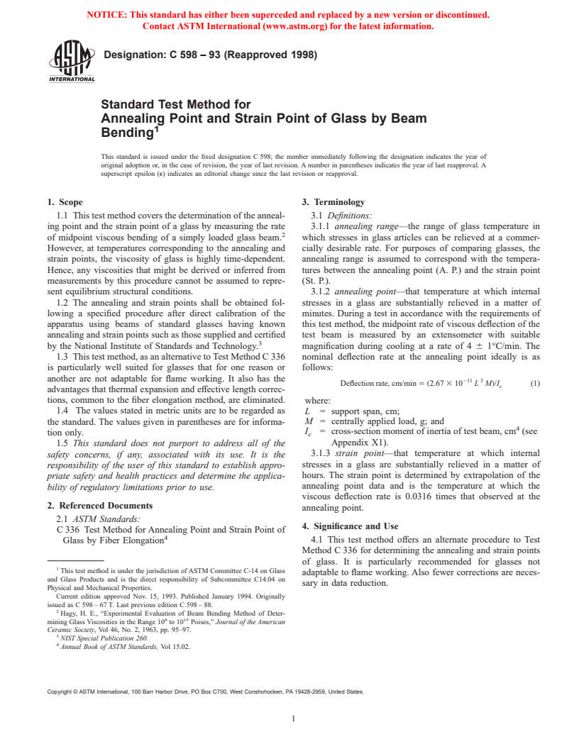 ASTM C598-93(1998) - Standard Test Method for Annealing Point and Strain Point of Glass by Beam Bending