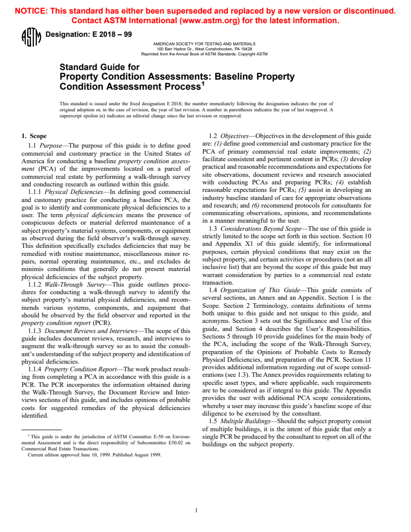 ASTM E2018-99 - Standard Guide for Property Condition Assessments: Baseline Property Condition Assessment Process