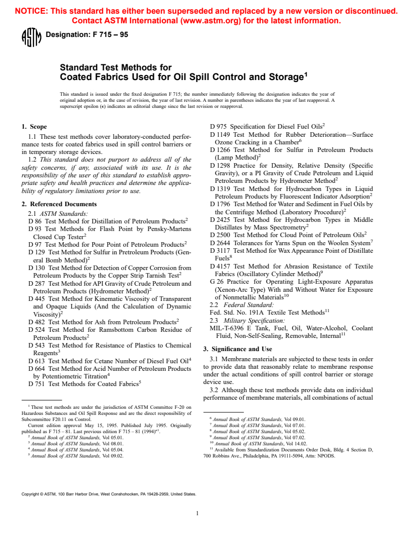 ASTM F715-95 - Standard Test Methods for Coated Fabrics Used for Oil Spill Control and Storage