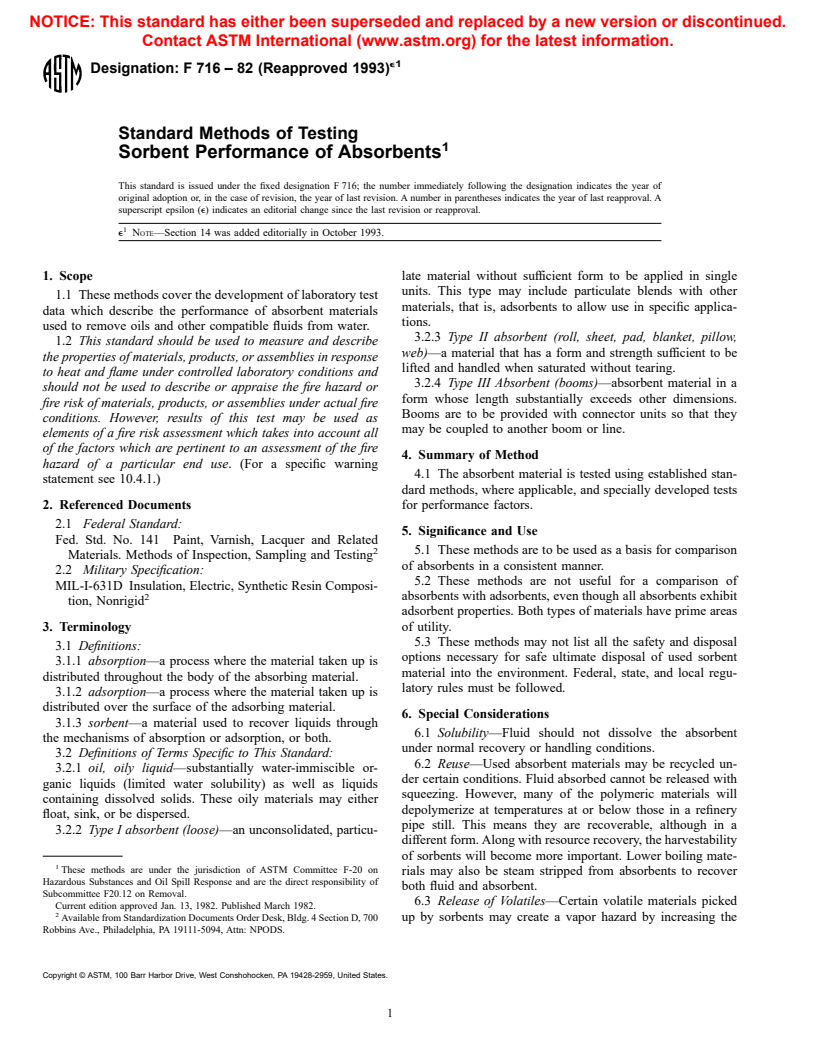 ASTM F716-82(1993)e1 - Standard Methods of Testing Sorbent Performance of Absorbents