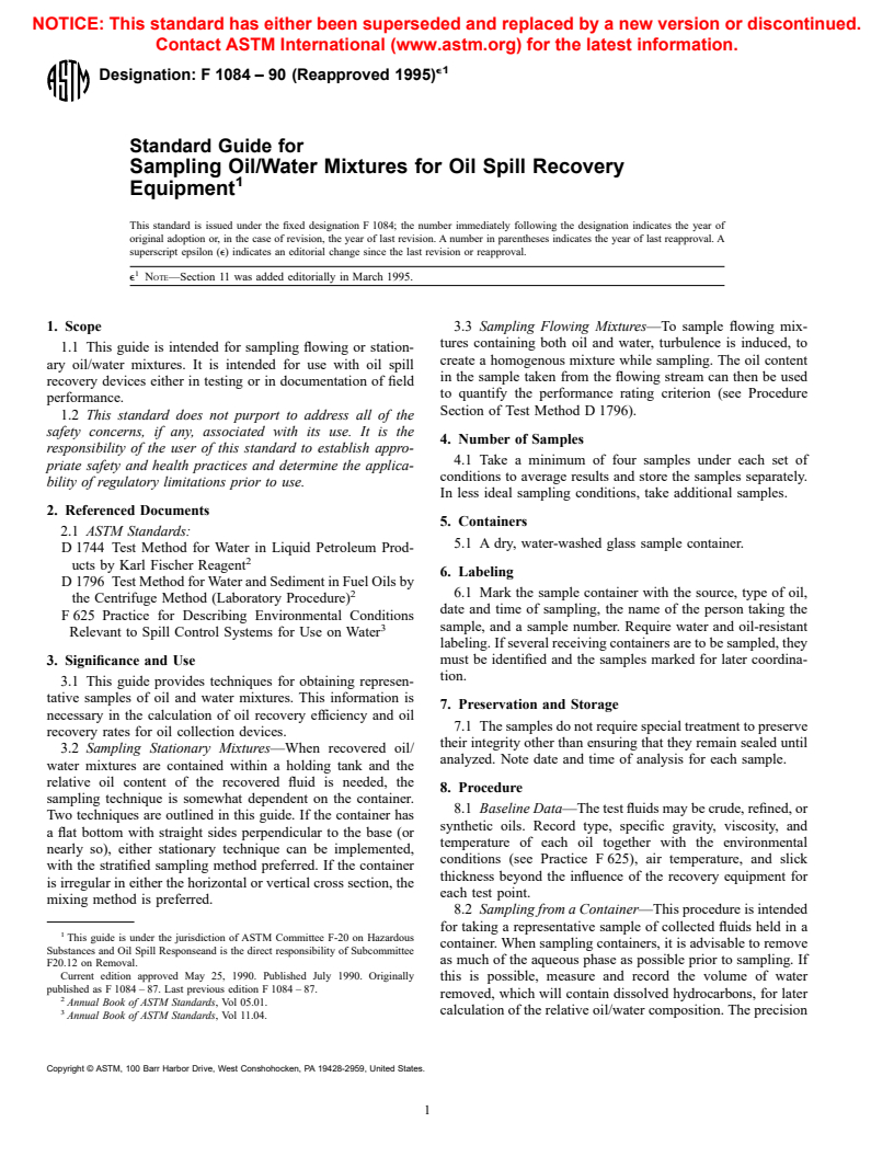 ASTM F1084-90(1995)e1 - Standard Guide for Sampling Oil/Water Mixtures for Oil Spill Recovery Equipment