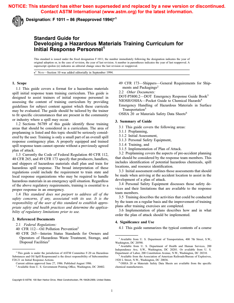 ASTM F1011-86(1994)e1 - Standard Guide for Developing a Hazardous Materials Training Curriculum for Initial Response Personnel