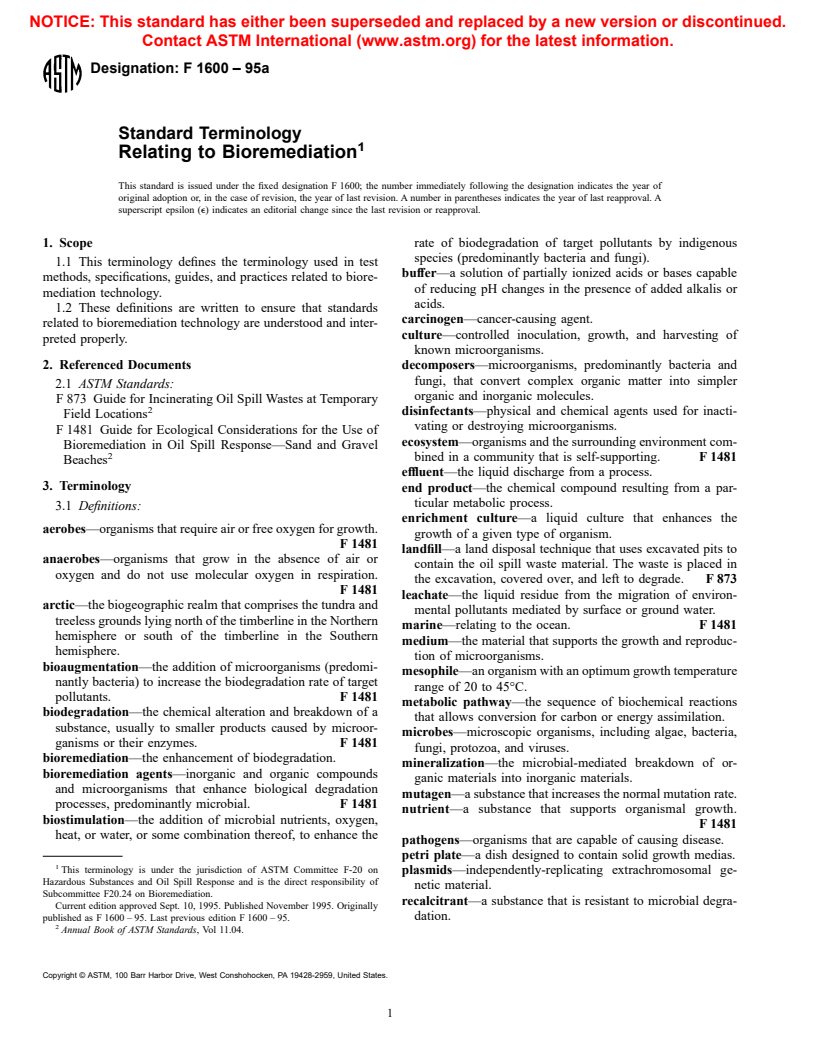 ASTM F1600-95a - Standard Terminology Relating to Bioremediation