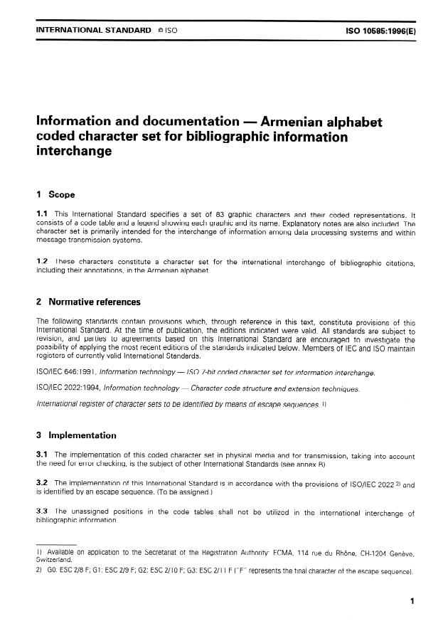 ISO 10585:1996 - Information and documentation -- Armenian alphabet coded character set for bibliographic information interchange