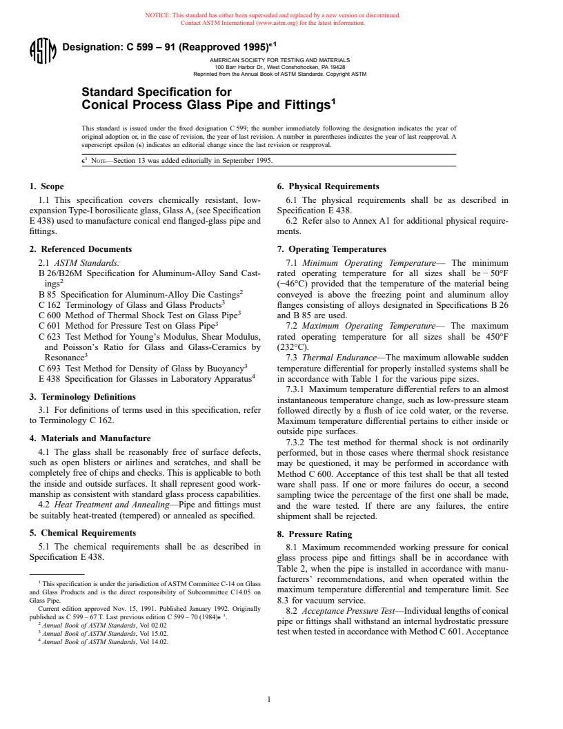 ASTM C599-91(1995)e1 - Standard Specification for Conical Process Glass Pipe and Fittings (Withdrawn 2002)