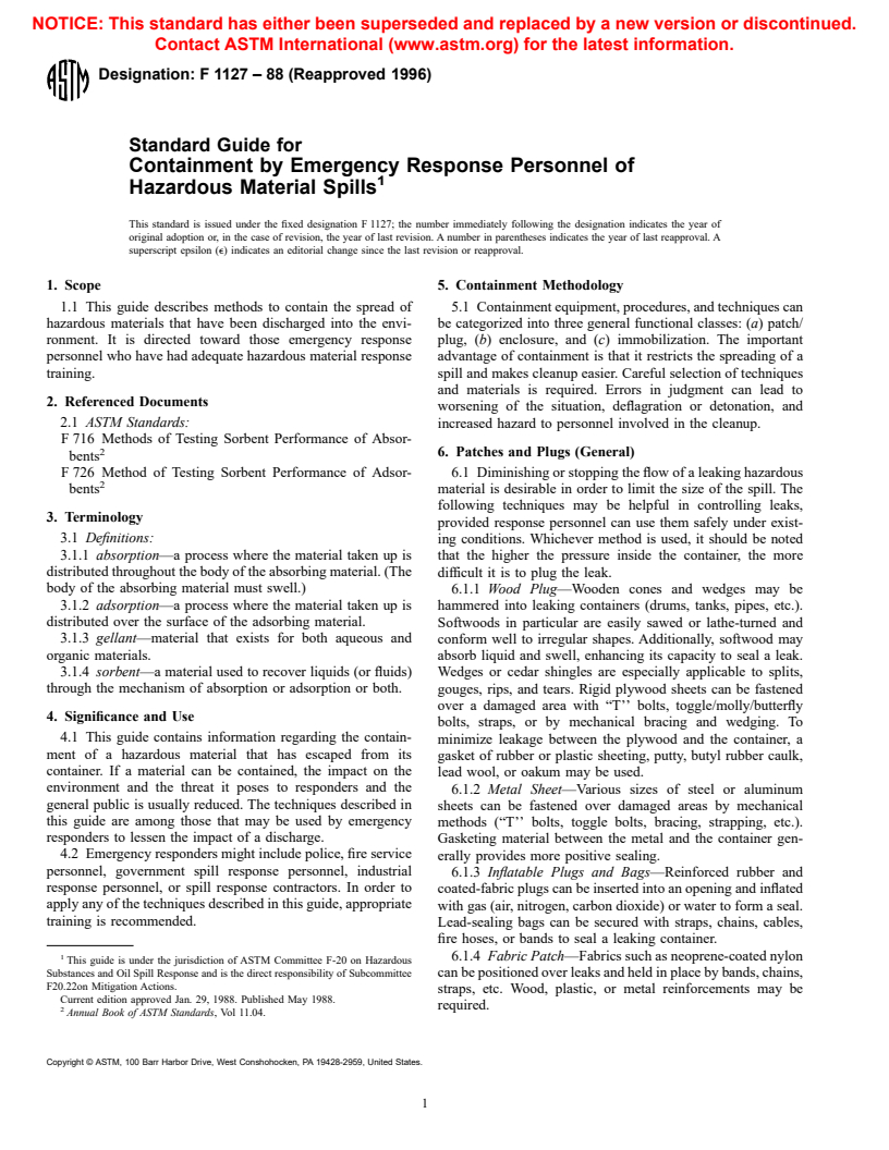 ASTM F1127-88(1996) - Standard Guide for Containment by Emergency Response Personnel of Hazardous Material Spills