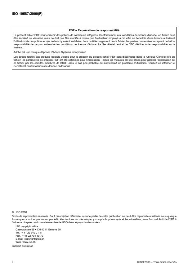 ISO 10587:2000 ISO 10587:2000 - Revetements métalliques et autres revetements inorganiques -- Essai de fragilisation résiduelle des articles et tiges filetés avec et sans revetement métallique extérieur -- Méthode de la cale biaise - Page 2 preview