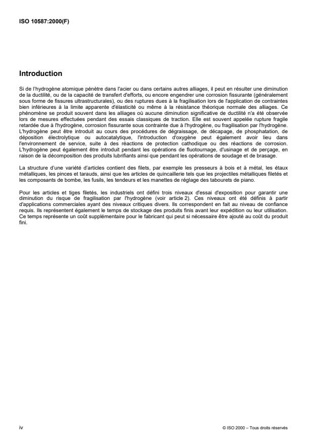 ISO 10587:2000 ISO 10587:2000 - Revetements métalliques et autres revetements inorganiques -- Essai de fragilisation résiduelle des articles et tiges filetés avec et sans revetement métallique extérieur -- Méthode de la cale biaise - Page 4 preview