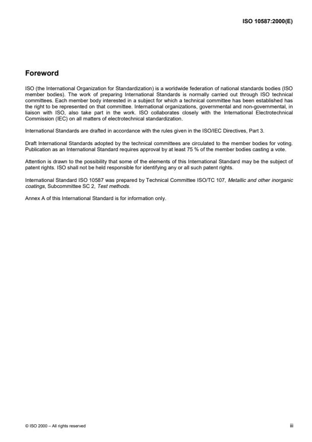 ISO 10587:2000 ISO 10587:2000 - Metallic and other inorganic coatings -- Test for residual embrittlement in both metallic-coated and uncoated externally-threaded articles and rods -- Inclined wedge method - Page 3 preview