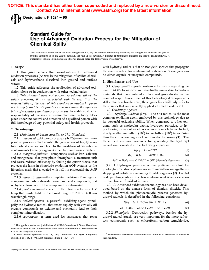 ASTM F1524-95 - Standard Guide for Use of Advanced Oxidation Process for the Mitigation of Chemical Spills