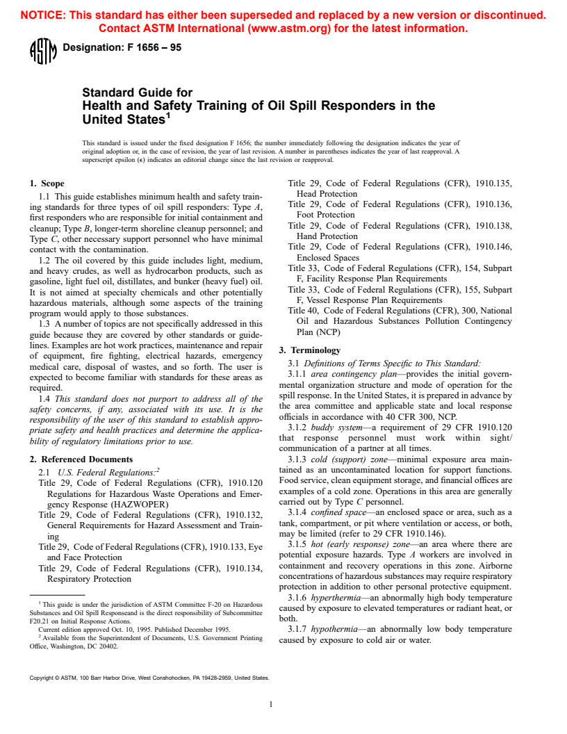 ASTM F1656-95 - Standard Guide for Health and Safety Training of Oil Spill Responders in the United States