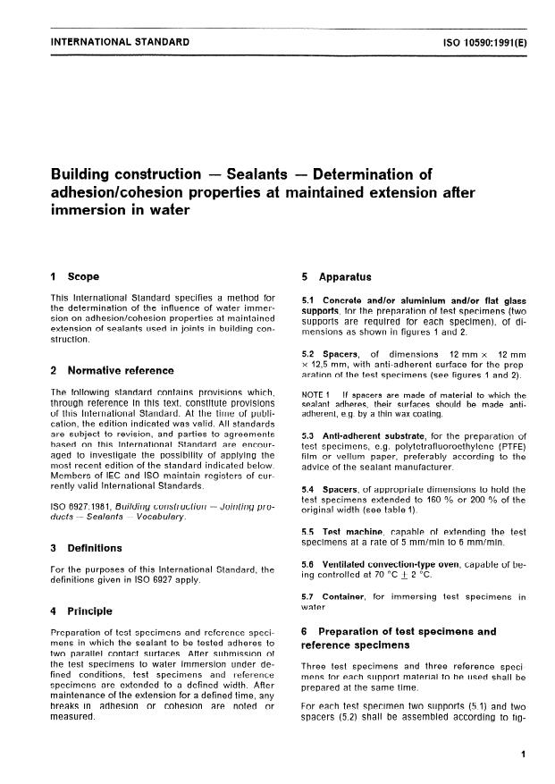 ISO 10590:1991 - Building construction -- Sealants -- Determination of adhesion/cohesion properties at maintained extension after immersion in water