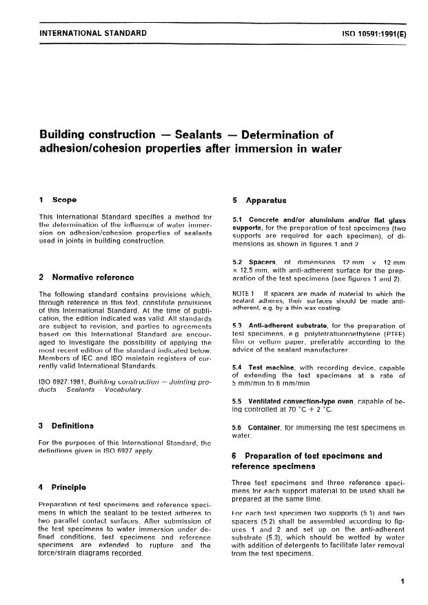 ISO 10591:1991 - Building construction -- Sealants -- Determination of adhesion/cohesion properties after immersion in water