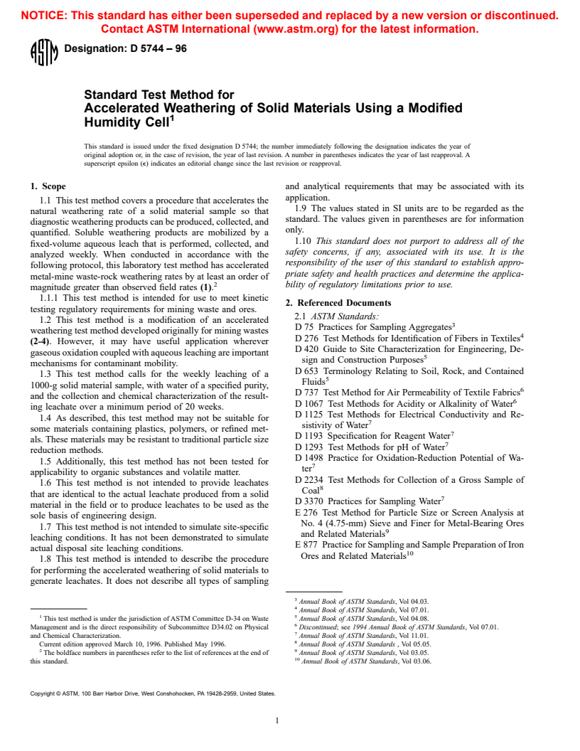 ASTM D5744-96 - Standard Test Method for Accelerated Weathering of Solid Materials Using a Modified Humidity Cell