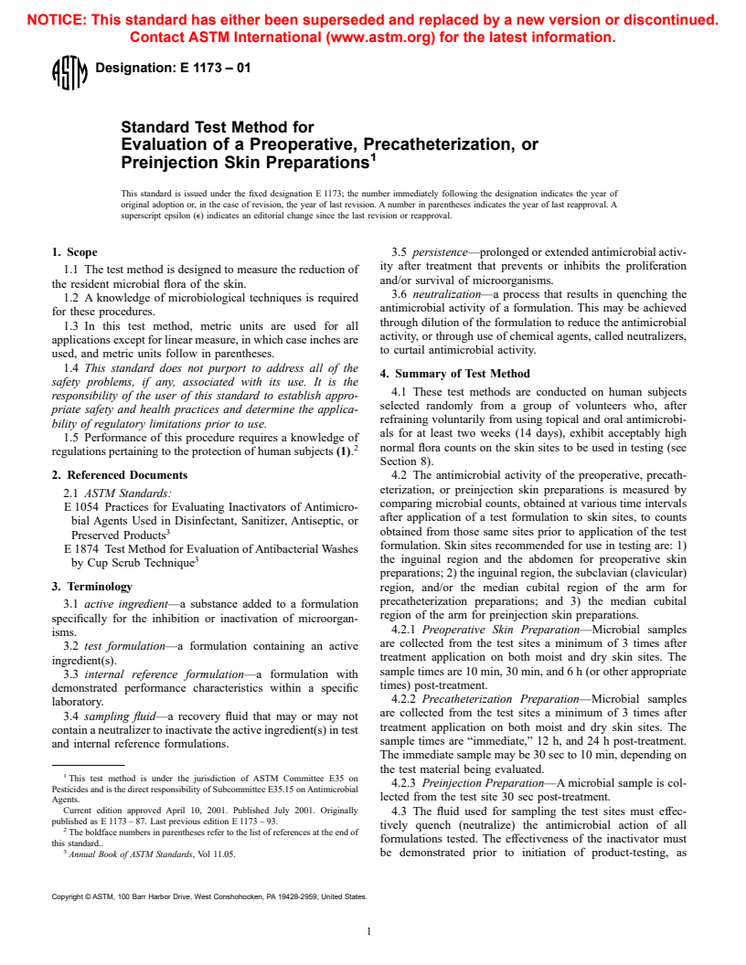 ASTM E1173-01 - Standard Test Method of a Evaluation of a Preoperative, Precatheterization, or Preinjection Skin Preparations